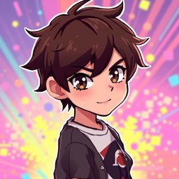 Anime-style young man with brown hair, in a captivating pose, pixel art aesthetic, set against a vibrant, colorful background