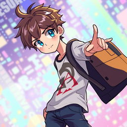 Anime-style young man with brown hair, in a captivating pose, pixel art aesthetic, set against a vibrant, colorful background