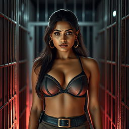 An alluring Indian policewoman in a stylish, yet revealing outfit, featuring a stunning bra top, standing confidently inside an arresting yet cinematic jail environment