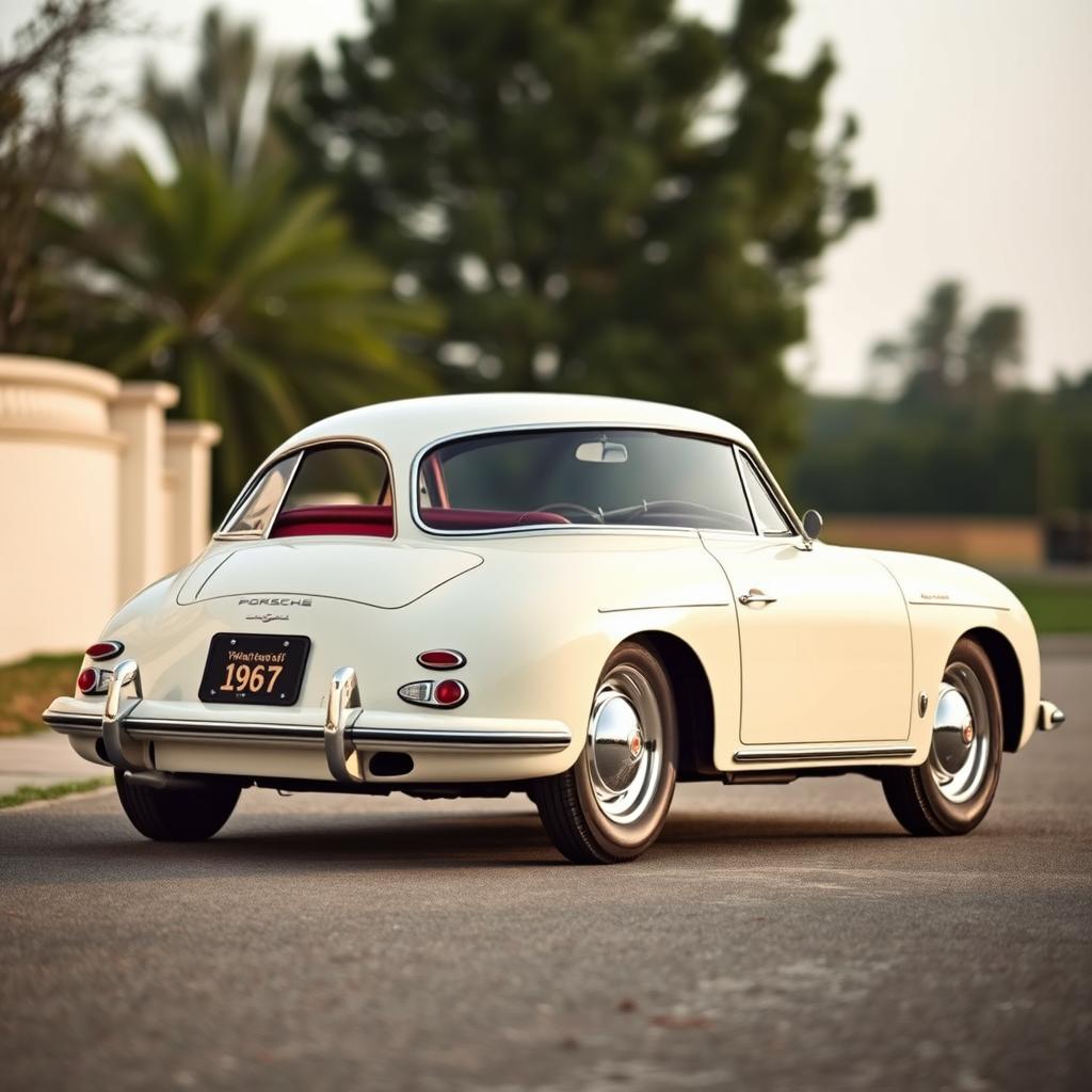 Classic 1962 Porsche 356 Coupé in original ivory color with a luxurious red interior, captured in a sophisticated outdoor setting with a subtle retro vibe