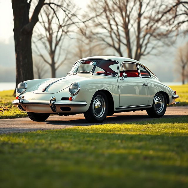 Classic 1962 Porsche 356 Coupé in original ivory color with a luxurious red interior, captured in a sophisticated outdoor setting with a subtle retro vibe