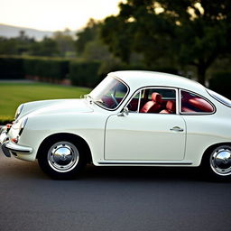 Classic 1962 Porsche 356 Coupé in original ivory color with a luxurious red interior, captured in a sophisticated outdoor setting with a subtle retro vibe