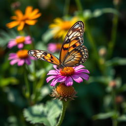 A stunning realistic photograph of a butterfly perched delicately on a vibrant flower, with its wings open showing intricate patterns and vibrant colors