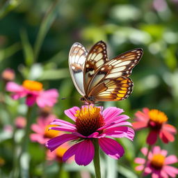 A stunning realistic photograph of a butterfly perched delicately on a vibrant flower, with its wings open showing intricate patterns and vibrant colors