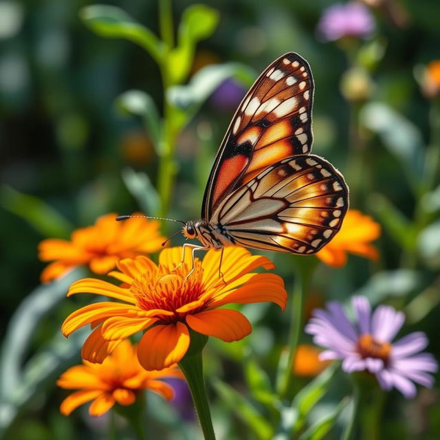 A stunning realistic photograph of a butterfly perched delicately on a vibrant flower, with its wings open showing intricate patterns and vibrant colors