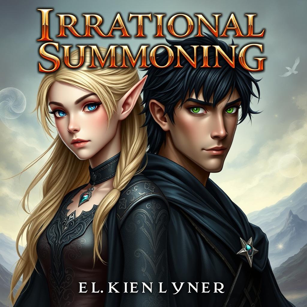 A captivating fantasy book cover featuring a blond elf and a black-haired man standing side by side