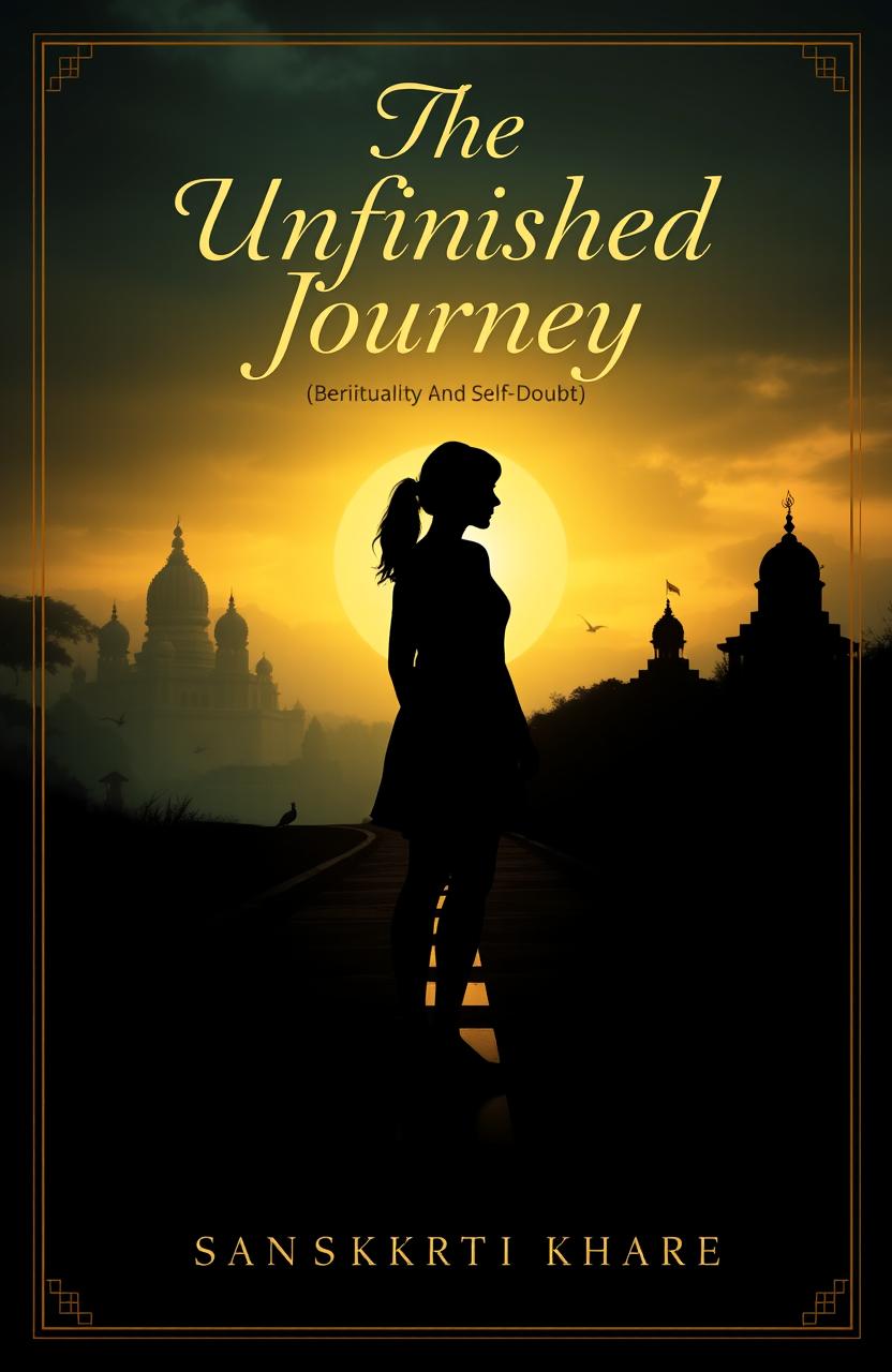 A thought-provoking book cover design for 'The Unfinished Journey (Between Spirituality and Self-Doubt)' by Sanskriti Khare