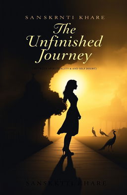 A thought-provoking book cover design for 'The Unfinished Journey (Between Spirituality and Self-Doubt)' by Sanskriti Khare