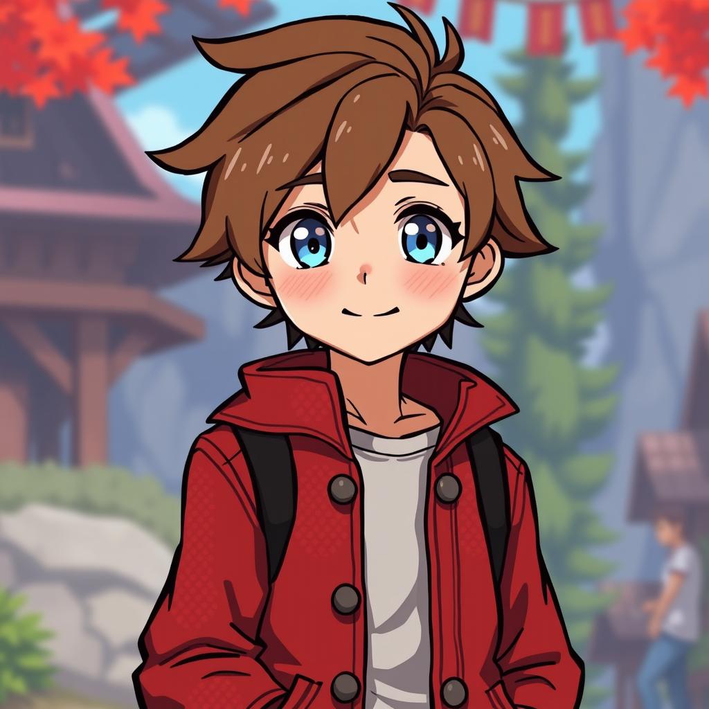 Anime-style young man with brown hair and striking light blue eyes, wearing a distinctive red coat, pixel art aesthetic, set against a vibrant scene