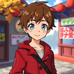 Anime-style young man with brown hair and striking light blue eyes, wearing a distinctive red coat, pixel art aesthetic, set against a vibrant scene