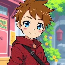 Anime-style young man with brown hair and striking light blue eyes, wearing a distinctive red coat, pixel art aesthetic, set against a vibrant scene