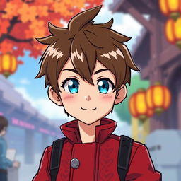 Anime-style young man with brown hair and striking light blue eyes, wearing a distinctive red coat, pixel art aesthetic, set against a vibrant scene