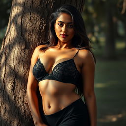 A captivating Indian woman, exuding confidence and charm, leaning against a tree