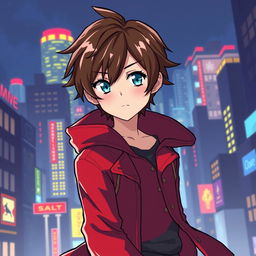 Anime-style young man with brown hair and light blue eyes, wearing a vibrant red coat, pixel art aesthetic