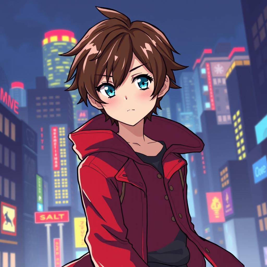 Anime-style young man with brown hair and light blue eyes, wearing a vibrant red coat, pixel art aesthetic