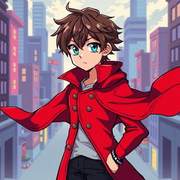 Anime-style young man with brown hair and light blue eyes, wearing a vibrant red coat, pixel art aesthetic