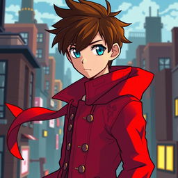 Anime-style young man with brown hair and light blue eyes, wearing a vibrant red coat, pixel art aesthetic