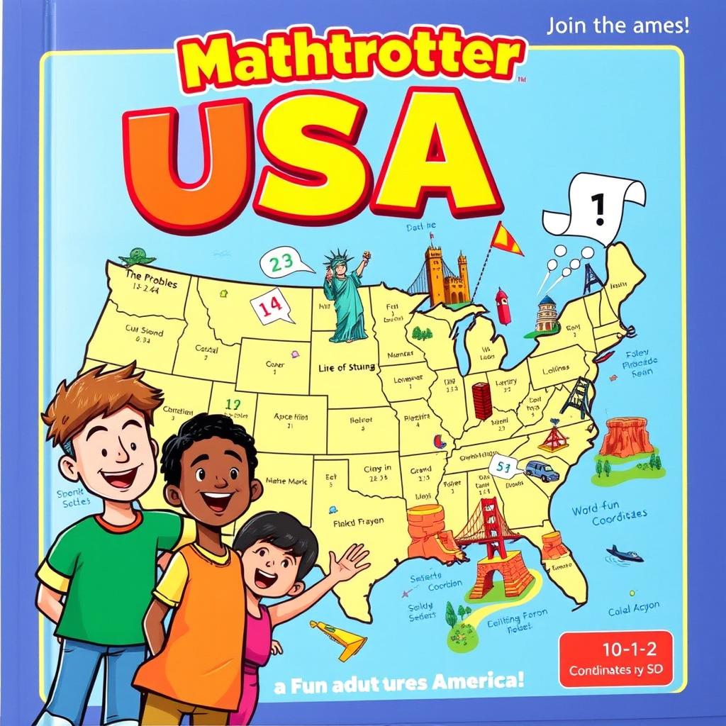 A lively and colorful cover for the "Mathtrotter USA" activity book game