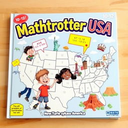 A lively and colorful cover for the "Mathtrotter USA" activity book game