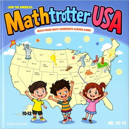 A lively and colorful cover for the "Mathtrotter USA" activity book game