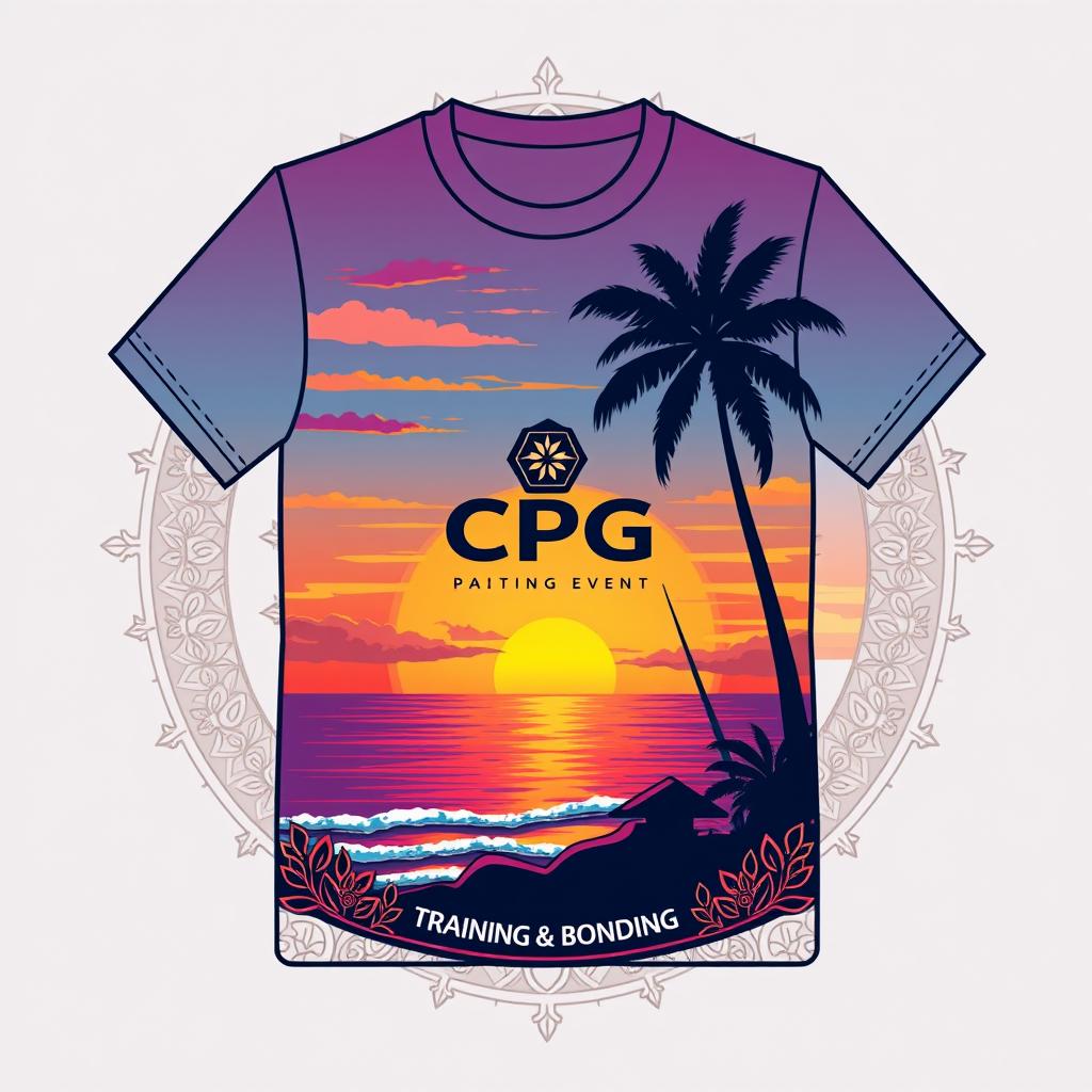 T-shirt design with a Bali theme, featuring palm trees and a picturesque sunset over the ocean