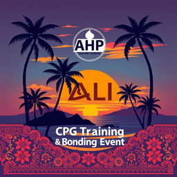 T-shirt design with a Bali theme, featuring palm trees and a picturesque sunset over the ocean