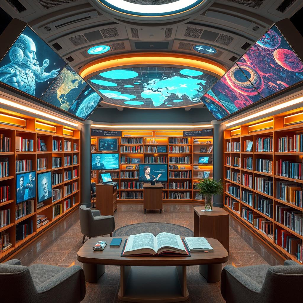 A futuristic and immersive library where artificial intelligence assists with writing books, creating new stories based on user preferences