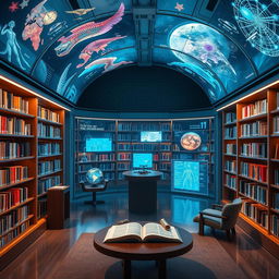 A futuristic and immersive library where artificial intelligence assists with writing books, creating new stories based on user preferences