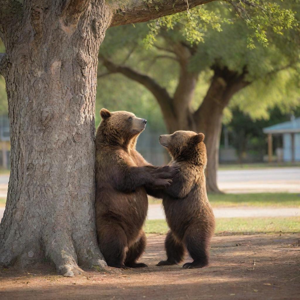 An endearing scene of a brown bear with glasses having a heartwarming encounter with another bear under a majestic old oak tree within a school setting, capturing a moment of unexpected affection and connection.