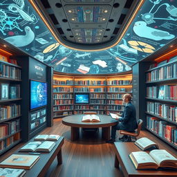 A futuristic and immersive library where artificial intelligence assists with writing books, creating new stories based on user preferences