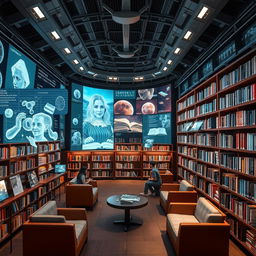 A futuristic and immersive library where artificial intelligence assists with writing books, creating new stories based on user preferences