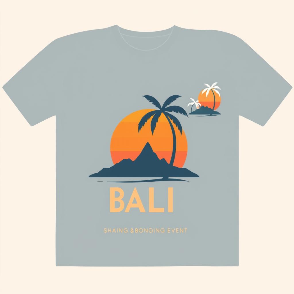 Simple T-shirt design with a Bali theme, featuring a minimalistic graphic of a palm tree and a sunset