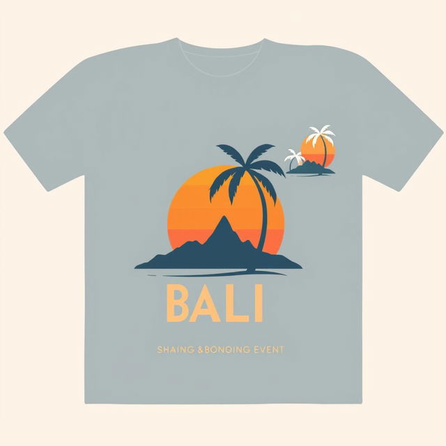 Simple T-shirt design with a Bali theme, featuring a minimalistic graphic of a palm tree and a sunset