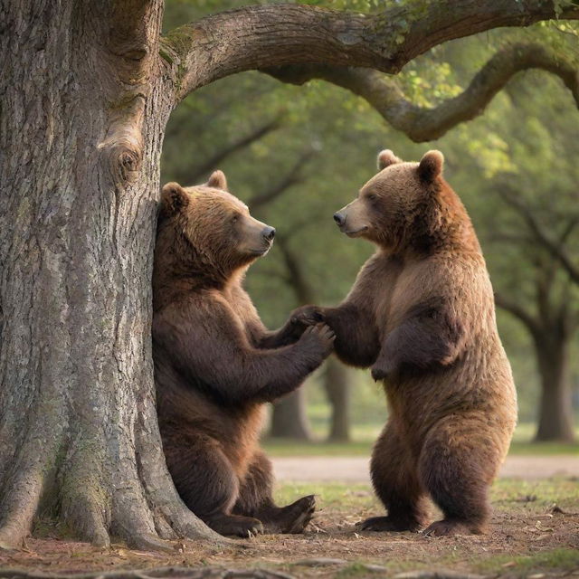 An endearing scene of a brown bear with glasses having a heartwarming encounter with another bear under a majestic old oak tree within a school setting, capturing a moment of unexpected affection and connection.