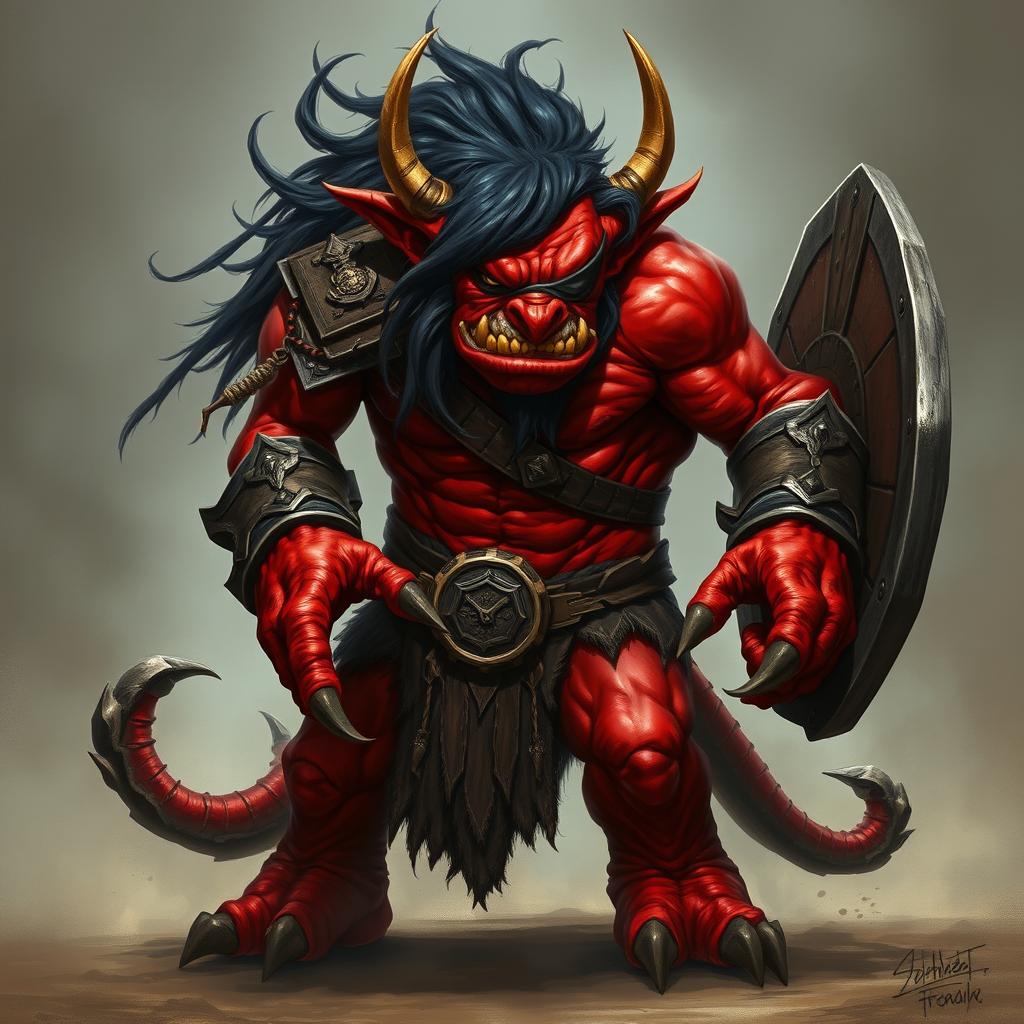 A fierce red hobgoblin barbarian with a muscular build, wearing an eye patch over one eye