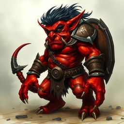 A fierce red hobgoblin barbarian with a muscular build, wearing an eye patch over one eye