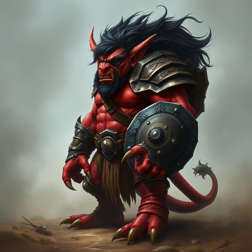 A fierce red hobgoblin barbarian with a muscular build, wearing an eye patch over one eye