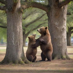 An endearing scene of a brown bear with glasses having a heartwarming encounter with another bear under a majestic old oak tree within a school setting, capturing a moment of unexpected affection and connection.