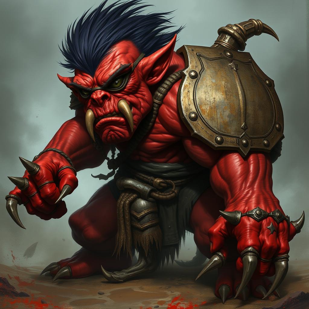 A ferocious red goblin barbarian with a rough and muscular physique, sporting a rugged eye patch