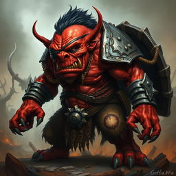 A ferocious red goblin barbarian with a rough and muscular physique, sporting a rugged eye patch