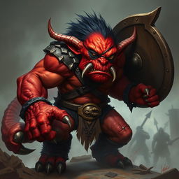 A ferocious red goblin barbarian with a rough and muscular physique, sporting a rugged eye patch