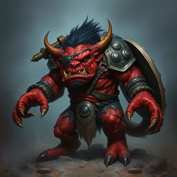 A ferocious red goblin barbarian with a rough and muscular physique, sporting a rugged eye patch