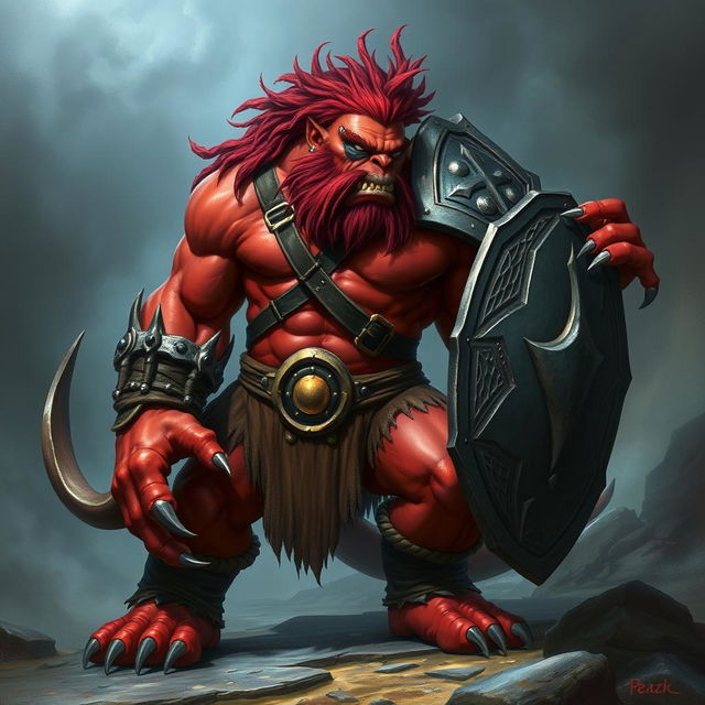 A powerful red orc barbarian with a muscular build, featuring an eye patch over one eye