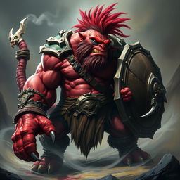 A powerful red orc barbarian with a muscular build, featuring an eye patch over one eye