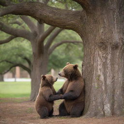 An endearing scene of a brown bear with glasses having a heartwarming encounter with another bear under a majestic old oak tree within a school setting, capturing a moment of unexpected affection and connection.