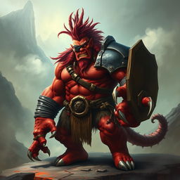 A powerful red orc barbarian with a muscular build, featuring an eye patch over one eye