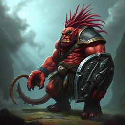 A powerful red orc barbarian with a muscular build, featuring an eye patch over one eye