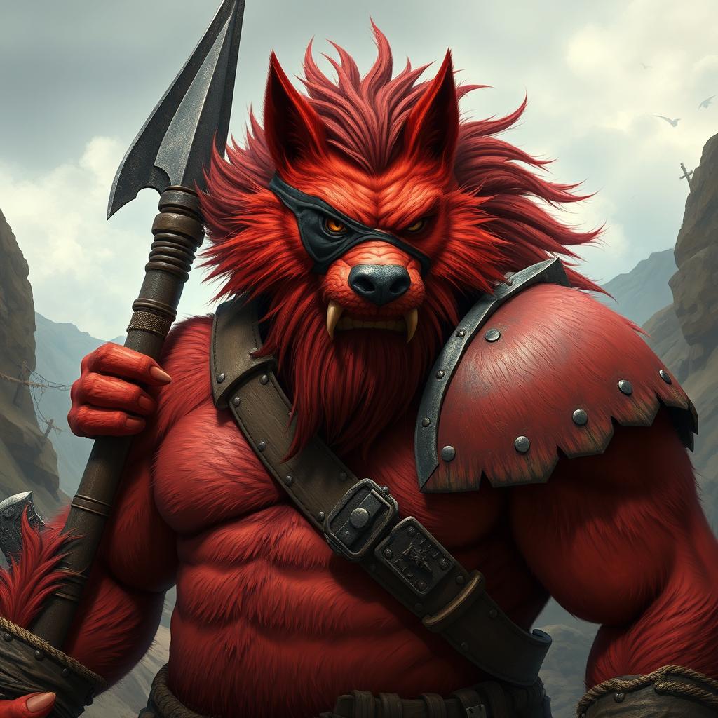 An imposing red orc-werewolf hybrid barbarian, with a rugged eye patch covering one eye