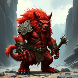 An imposing red orc-werewolf hybrid barbarian, with a rugged eye patch covering one eye