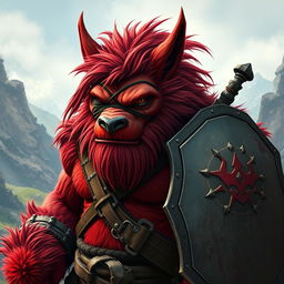 An imposing red orc-werewolf hybrid barbarian, with a rugged eye patch covering one eye
